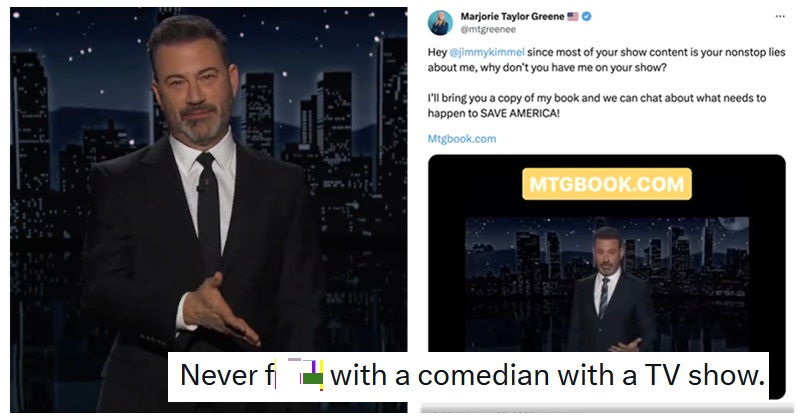 We can’t stop watching Jimmy Kimmel utterly destroying Marjorie Taylor Greene for asking to plug her book on his show