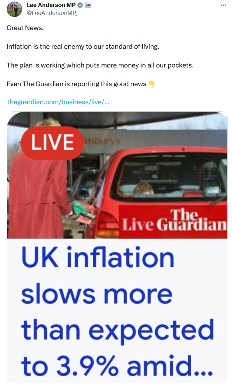 Great News. Inflation is the real enemy to our standard of living. The plan is working which puts more money in all our pockets. Even The Guardian is reporting this good news