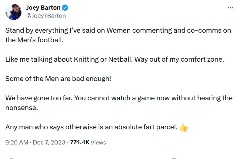 Stand by everything I’ve said on Women commenting and co-comms on the Men’s football. 

Like me talking about Knitting or Netball. Way out of my comfort zone. 

Some of the Men are bad enough!

We have gone too far. You cannot watch a game now without hearing the nonsense. 

Any man who says otherwise is an absolute fart parcel