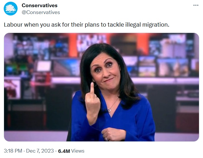 Labour when you ask for their plans to tackle illegal migration. With a pic of a woman with her middle finger up