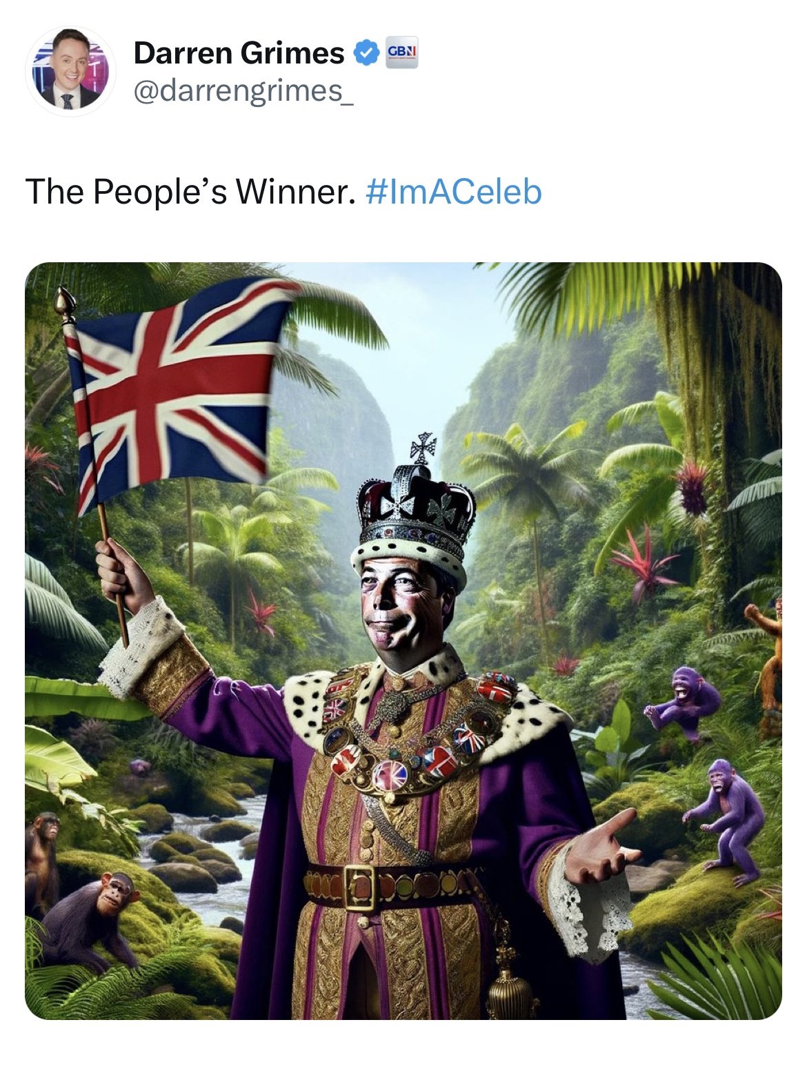 Darren Grimes AI image of Farage dressed as a king, with the text The people's winner