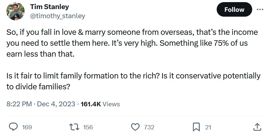 So, if you fall in love & marry someone from overseas, that’s the income you need to settle them here. It’s very high. Something like 75% of us earn less than that. 

Is it fair to limit family formation to the rich? Is it conservative potentially to divide families?