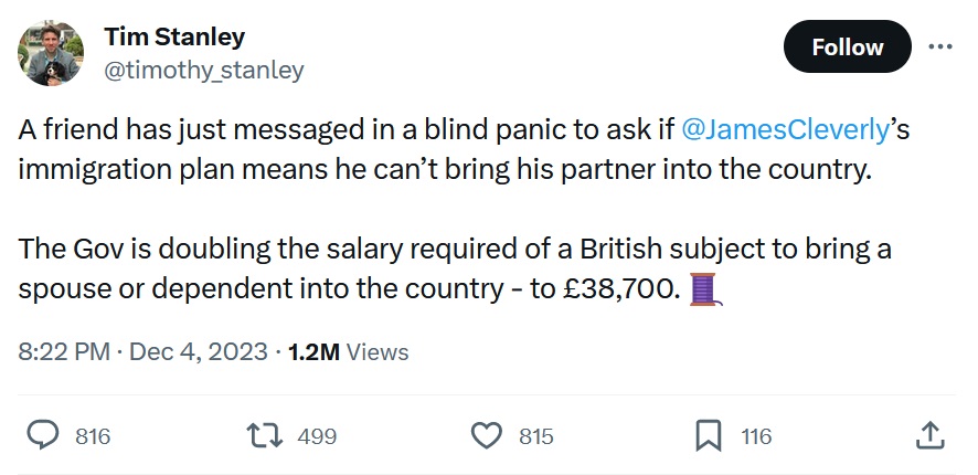 A friend has just messaged in a blind panic to ask if @JamesCleverly
’s immigration plan means he can’t bring his partner into the country. 

The Gov is doubling the salary required of a British subject to bring a spouse or dependent into the country - to £38,700