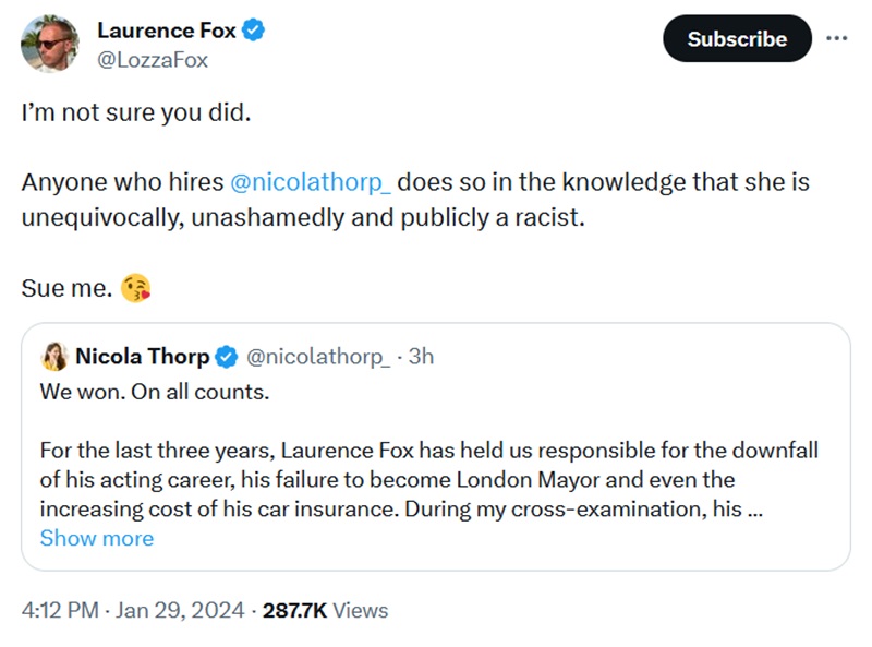 On a Nicola Thorp post saying they won on all counts - 
'I’m not sure you did.

Anyone who hires @nicolathorp_
 does so in the knowledge that she is unequivocally, unashamedly and publicly a racist.

Sue me.'