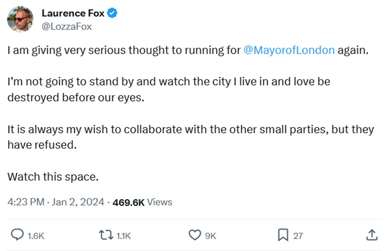 I am giving very serious thought to running for 
@MayorofLondon
 again.

I’m not going to stand by and watch the city I live in and love be destroyed before our eyes.

It is always my wish to collaborate with the other small parties, but they have refused.

Watch this space.