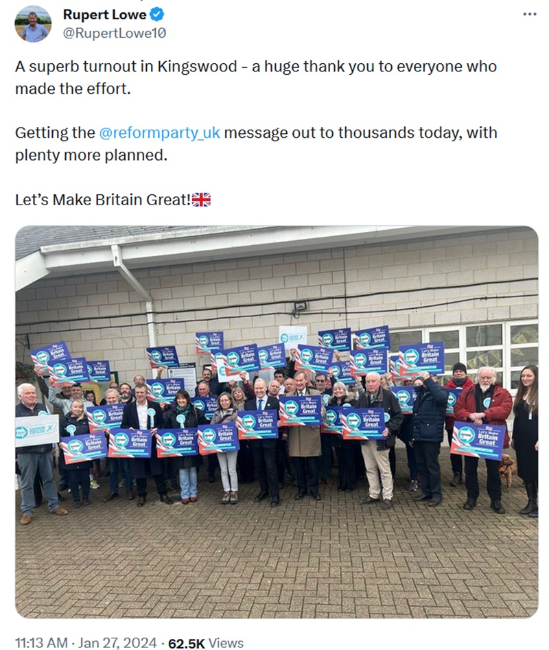 A superb turnout in Kingswood - a huge thank you to everyone who made the effort.

Getting the @reformparty_uk
 message out to thousands today, with plenty more planned.

Let’s Make Britain Great! Image - about 40 people posing with the local candidate.