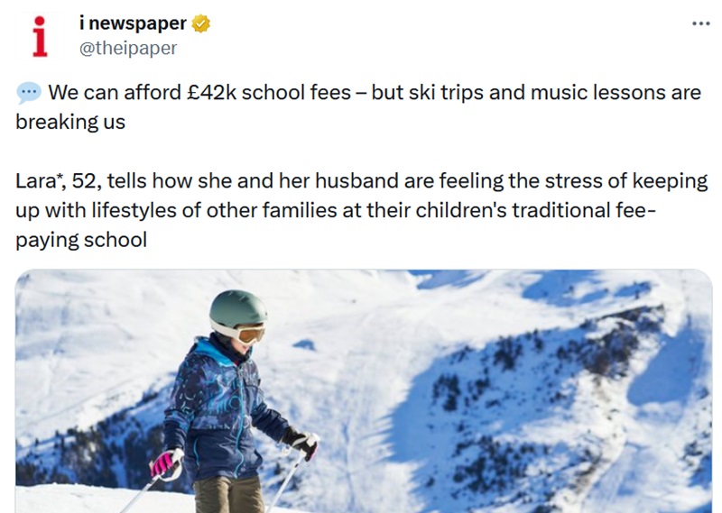  We can afford £42k school fees – but ski trips and music lessons are breaking us

Lara*, 52, tells how she and her husband are feeling the stress of keeping up with lifestyles of other families at their children's traditional fee-paying school