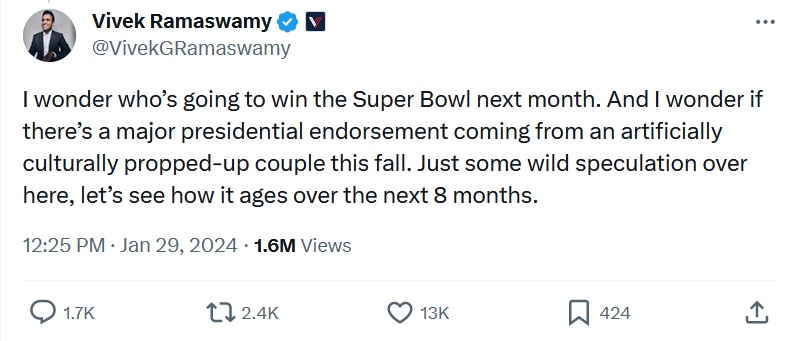 I wonder who’s going to win the Super Bowl next month. And I wonder if there’s a major presidential endorsement coming from an artificially culturally propped-up couple this fall. Just some wild speculation over here, let’s see how it ages over the next 8 months.