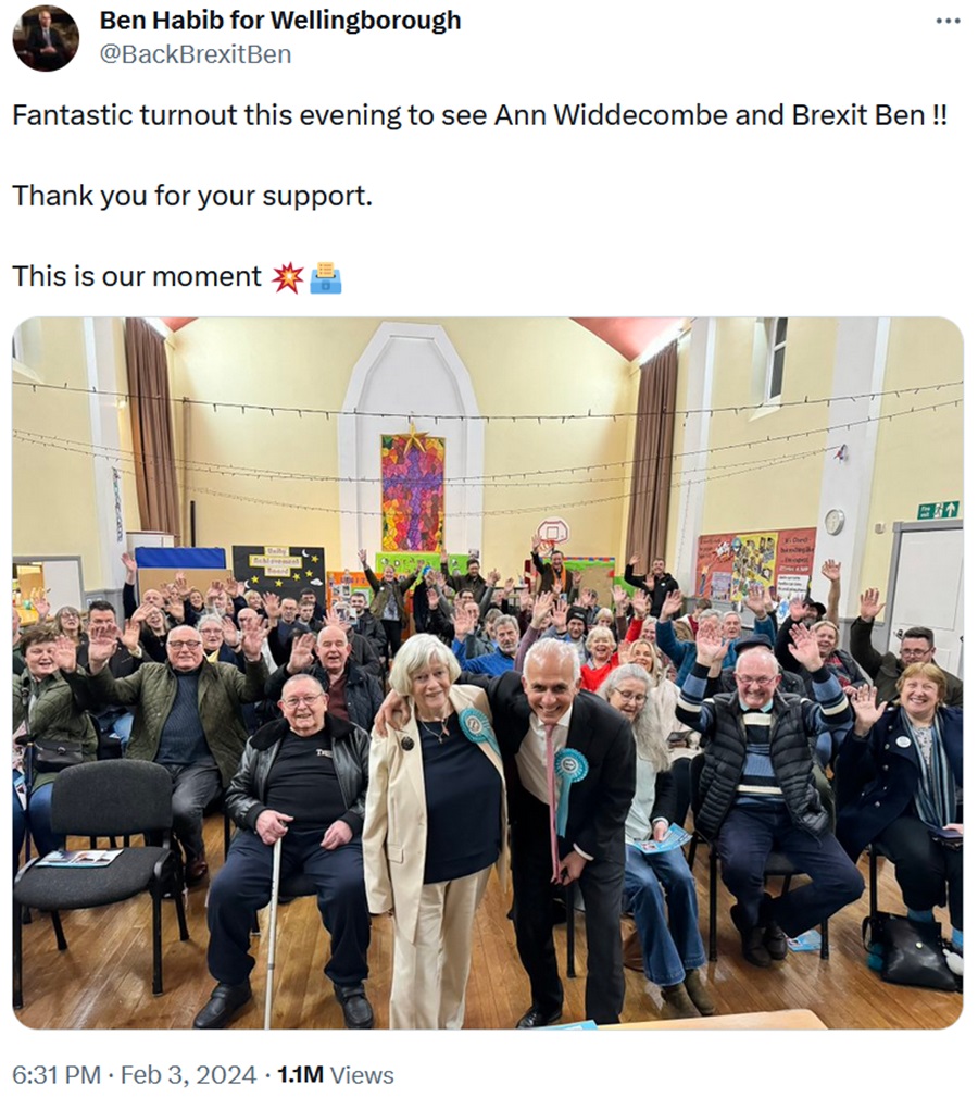  @backbrexitben post - Fantastic turnout this evening to see Ann Widdecombe and Brexit Ben !!

Thank you for your support. 

This is our moment. photo of about 50 people in a room with Anne Widdecombe and Ben Habib at the front. Almost all the people are at least 60 years old. 