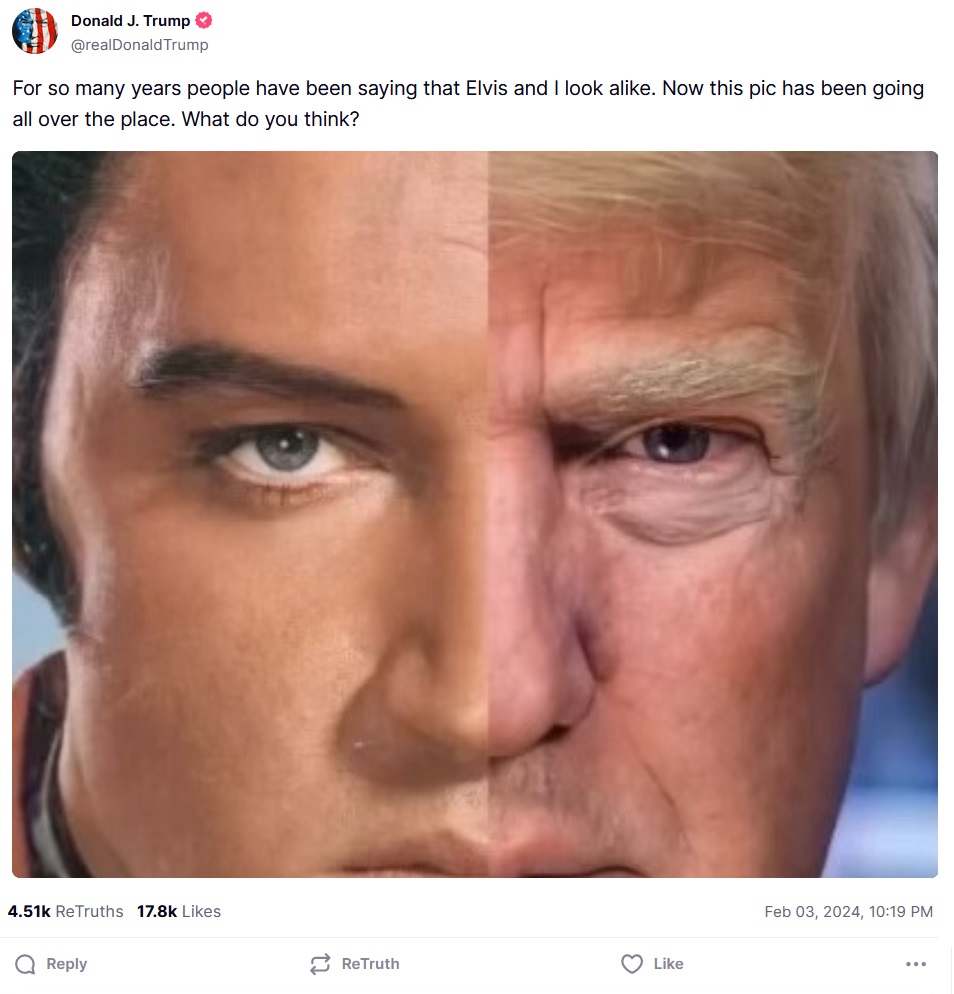 For many years, people have been saying that Elvis and I look alike. Now this pic has been going all over the place. What do you think? Includes an image of half of Trump's face lined up agains half of Elvis' face. 