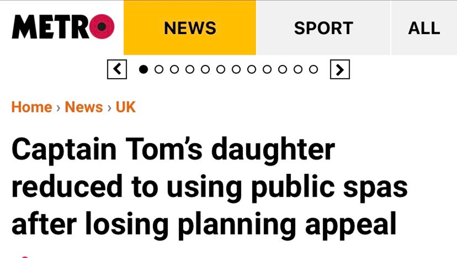 Captain Tom's daughter reduced to using public spas after losing planning appeal