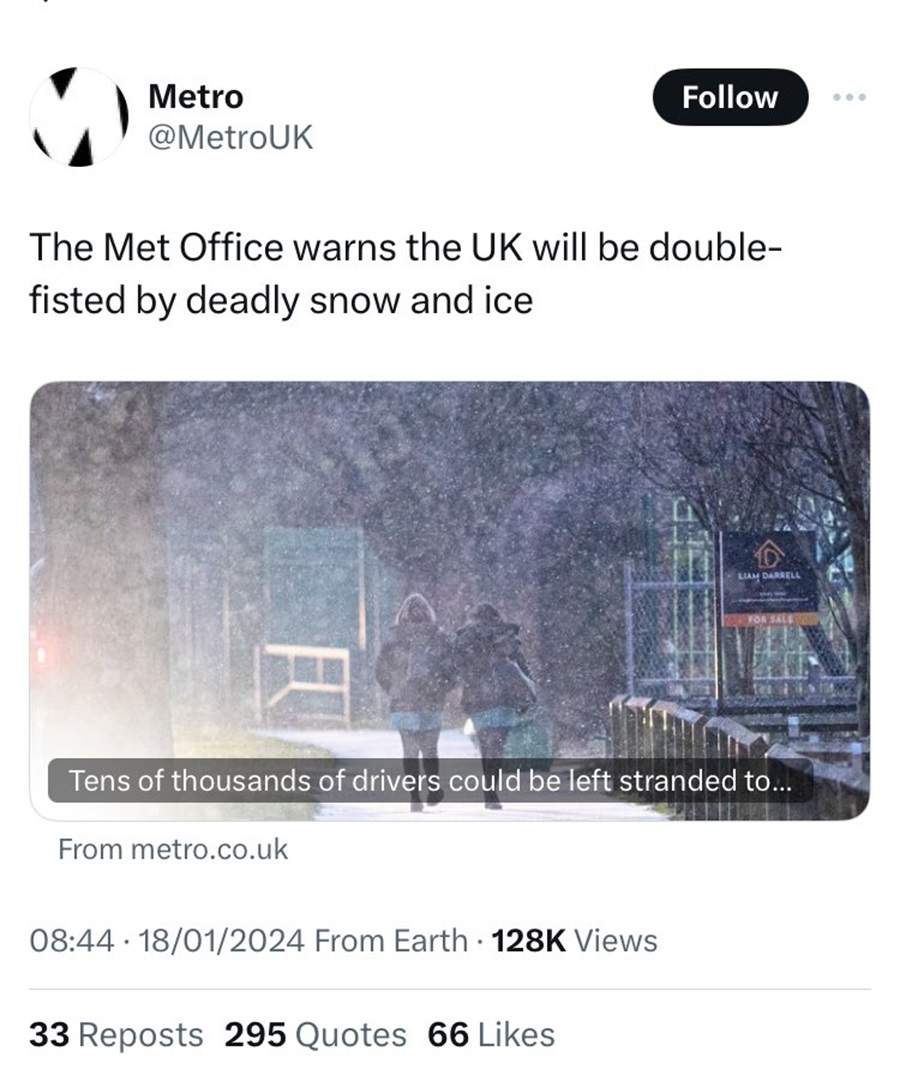The Met Office warns the UK will be double-fisted by deadly snow and ice