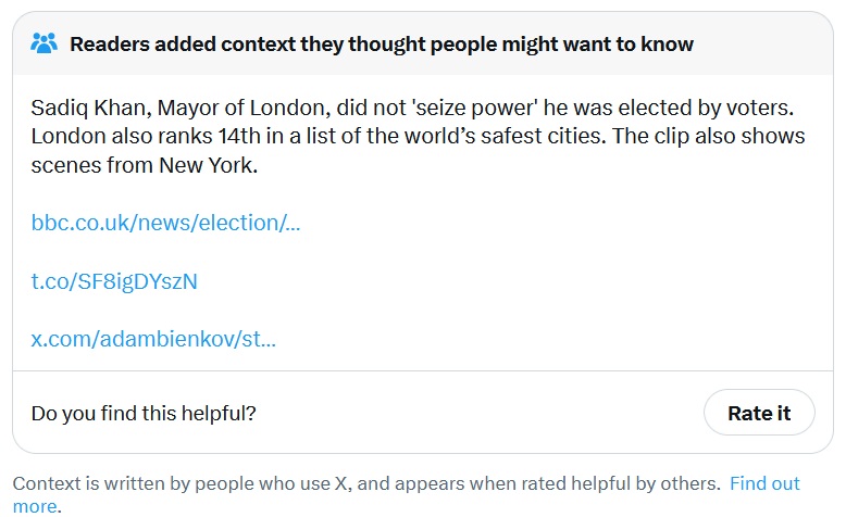 Sadiq Khan, Mayor of London, did not 'seize power' he was elected by voters. London also ranks 14th in a list of the world’s safest cities. The clip also shows scenes from New York.  