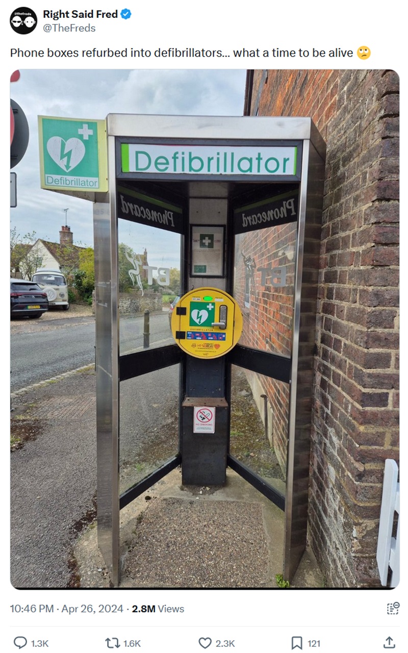 Phone boxes refurbed into defibrillators… what a time to be alive