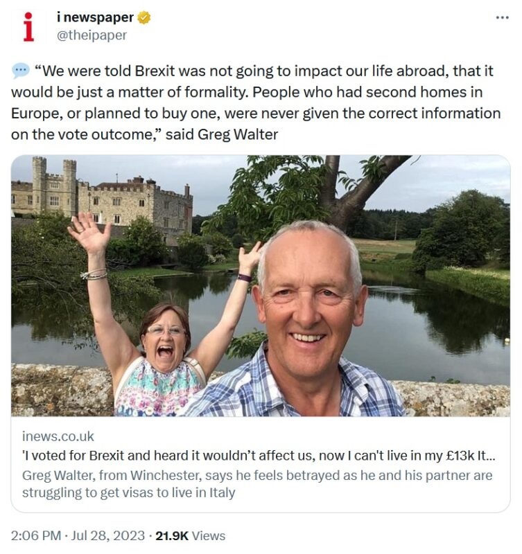 News article about a couple whose dream of retiring to Italy has been ruined by the Brexit they voted for.