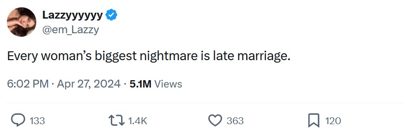 Every woman’s biggest nightmare is late marriage.