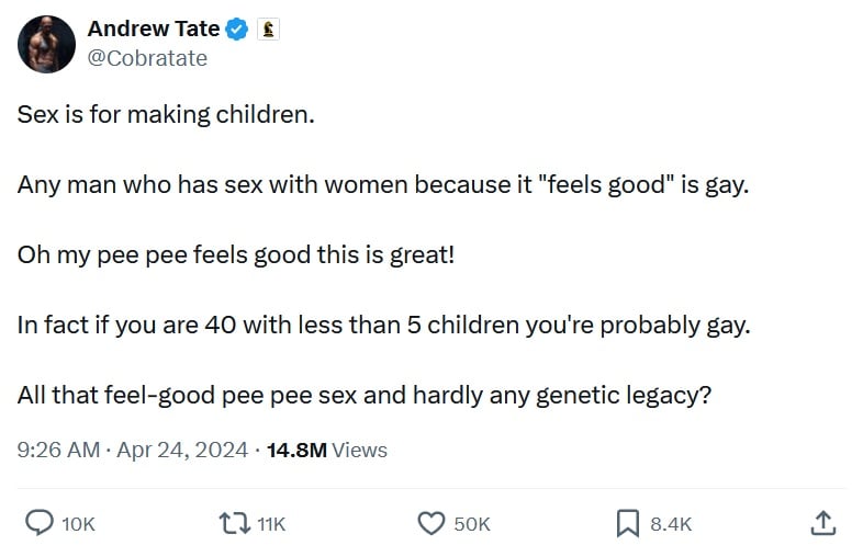 Sex is for making children.

Any man who has sex with women because it "feels good" is gay.

Oh my pee pee feels good this is great!

In fact if you are 40 with less than 5 children you're probably gay.

All that feel-good pee pee sex and hardly any genetic legacy?