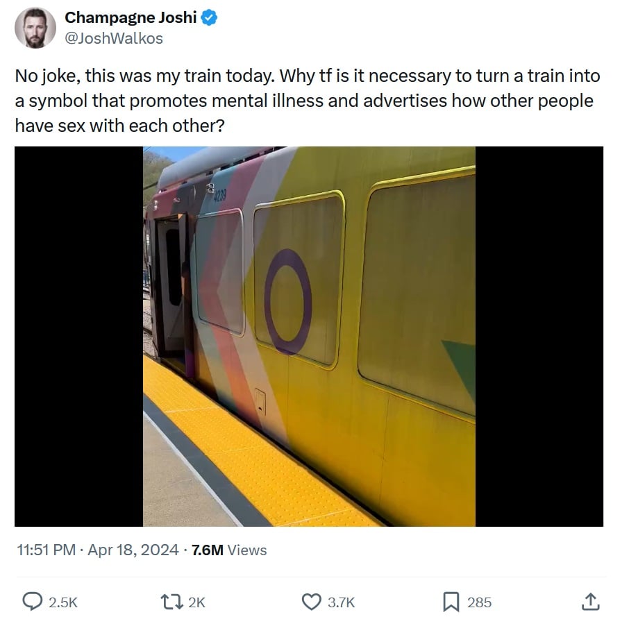 No joke, this was my train today. Why tf is it necessary to turn a train into a symbol that promotes mental illness and advertises how other people have sex with each other? With Screengrab of his footage of the Pride train