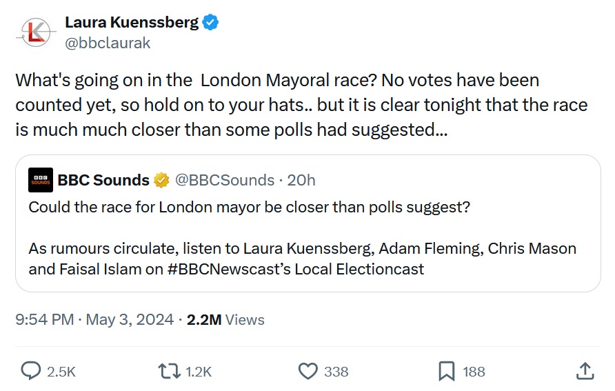 What's going on in the  London Mayoral race? No votes have been counted yet, so hold on to your hats.. but it is clear tonight that the race is much much closer than some polls had suggested...