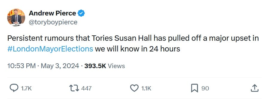 Persistent rumours that Tories Susan Hall has pulled off a major upset in #LondonMayorElections we will know in 24 hours
