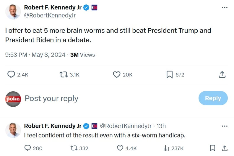 I offer to eat 5 more brain worms and still beat President Trump and President Biden in a debate.

I feel confident of the result even with a six-worm handicap.